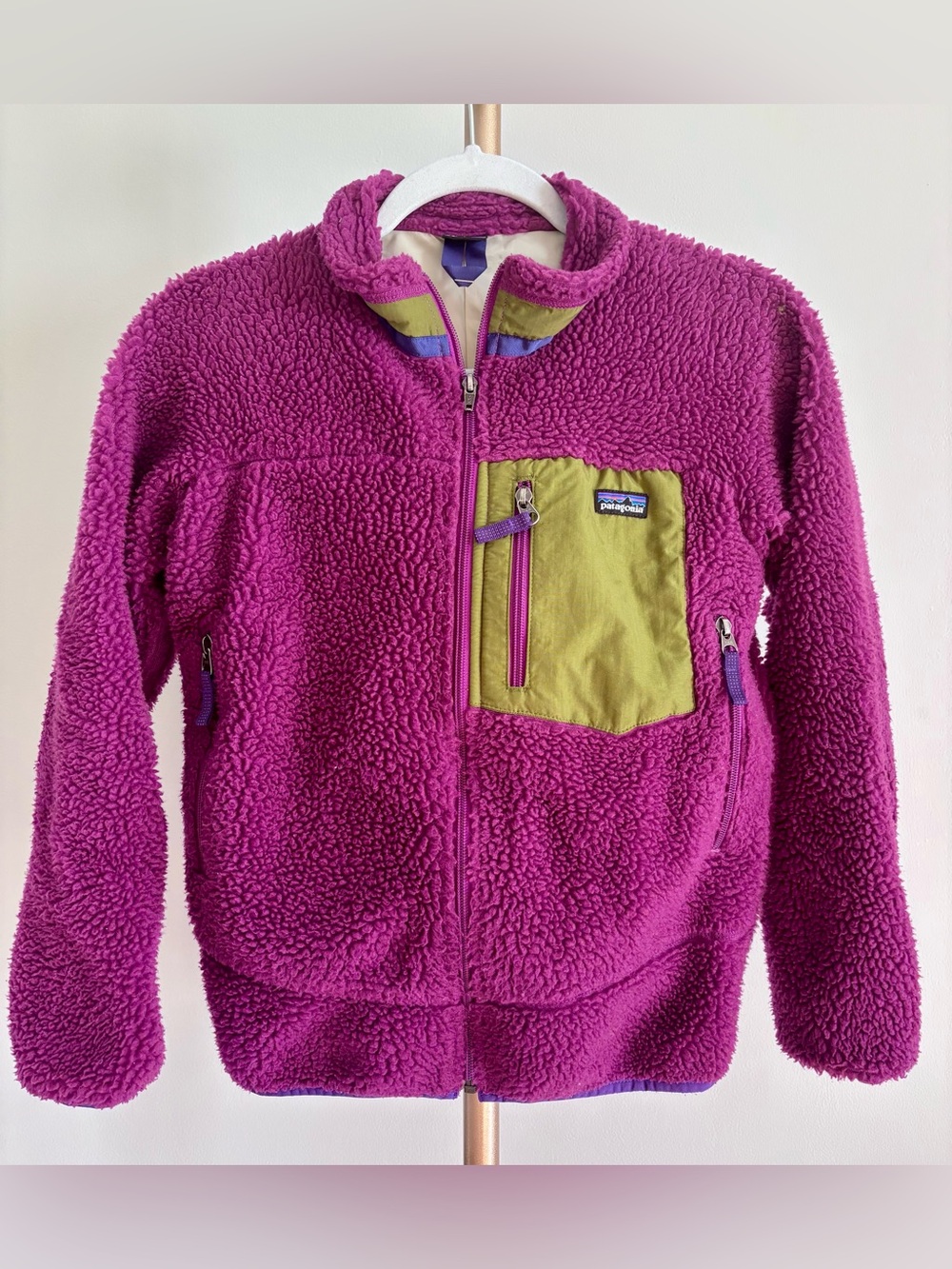 Patagonia Kids Sherpa Jacket in Magenta with Lime Chest Pocket